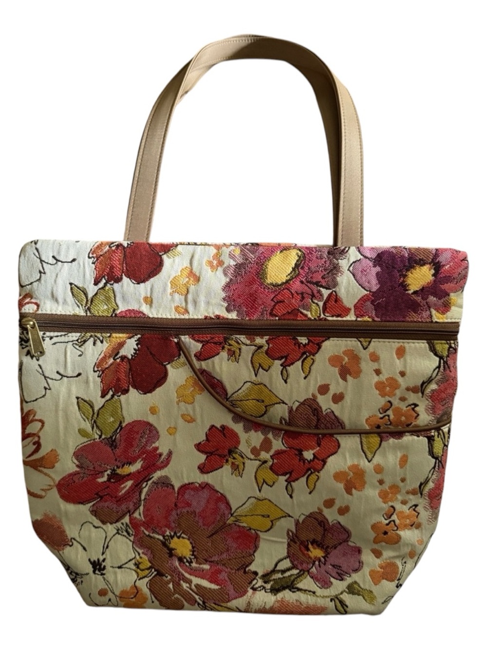 Danny K Floral Tapestry Tote Bag with Tan Handles